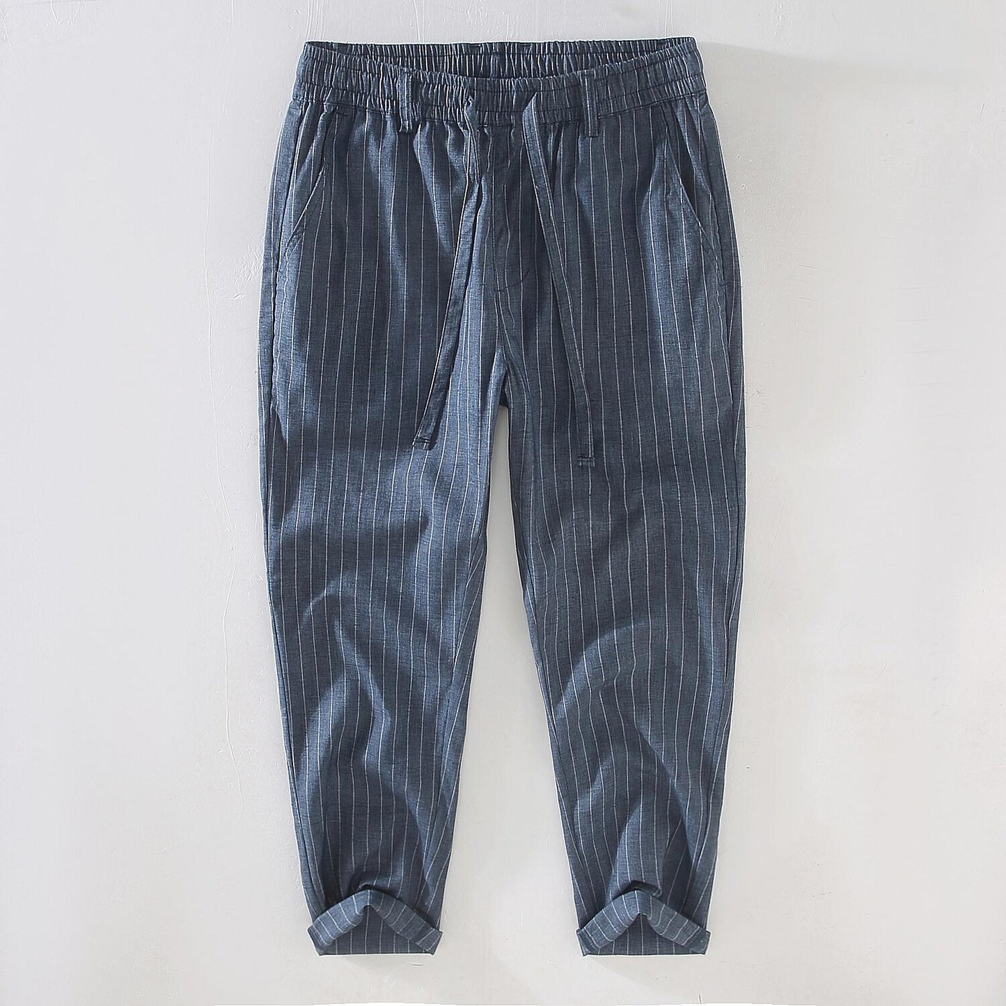 Linen Striped Drawstring Cropped Pants