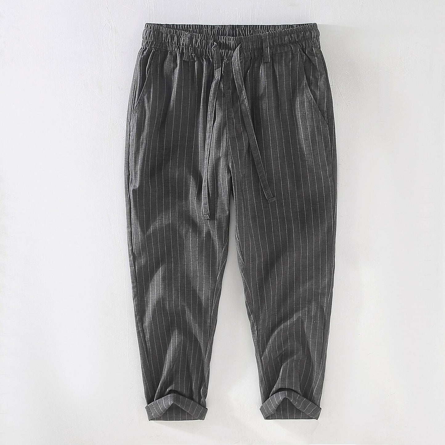 Linen Striped Drawstring Cropped Pants